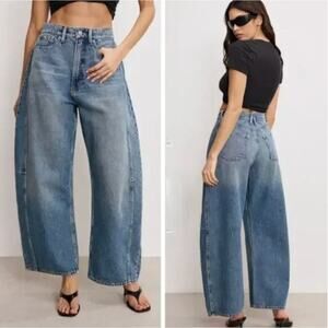 We The Free Jeans 26 Good Luck Mid Rise Barrel Denim Blue Relaxed Fit Boho Baggy